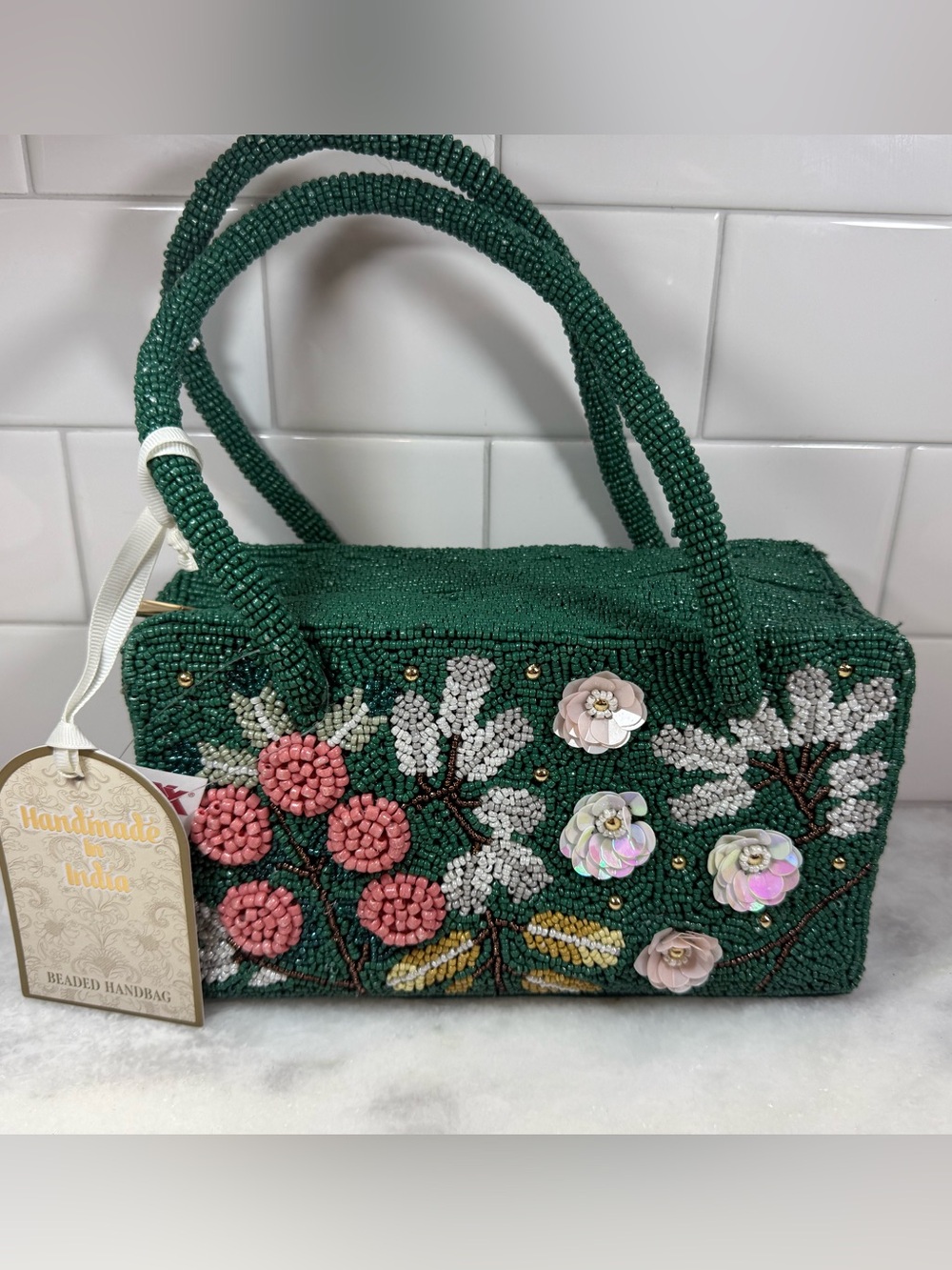 NEW RELEASE Made In India Beaded Green Floral Sequin Bag Box Shape NWT